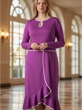 Purple Long-Sleeve Midi Dress with Cream Trim